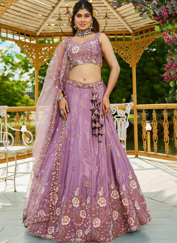 Incredible Satin Silk Zari Sequence Embroidered Purple Lehenga Choli